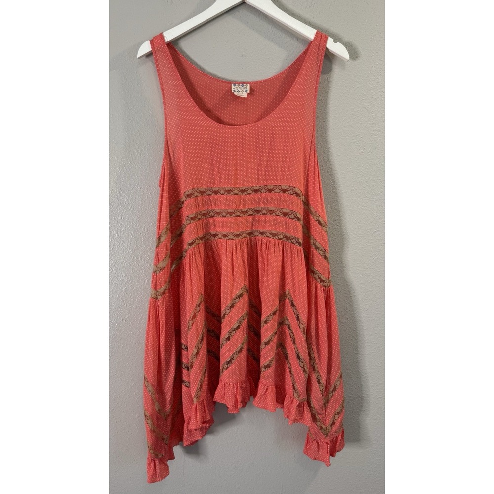 Free People Coral Polka Dot Lace Handkerchief Hem Tunic Tank Top Boho L